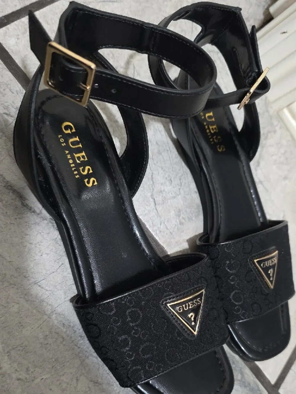 GUESS Black Logo Ankle-Strap Flat Sandals